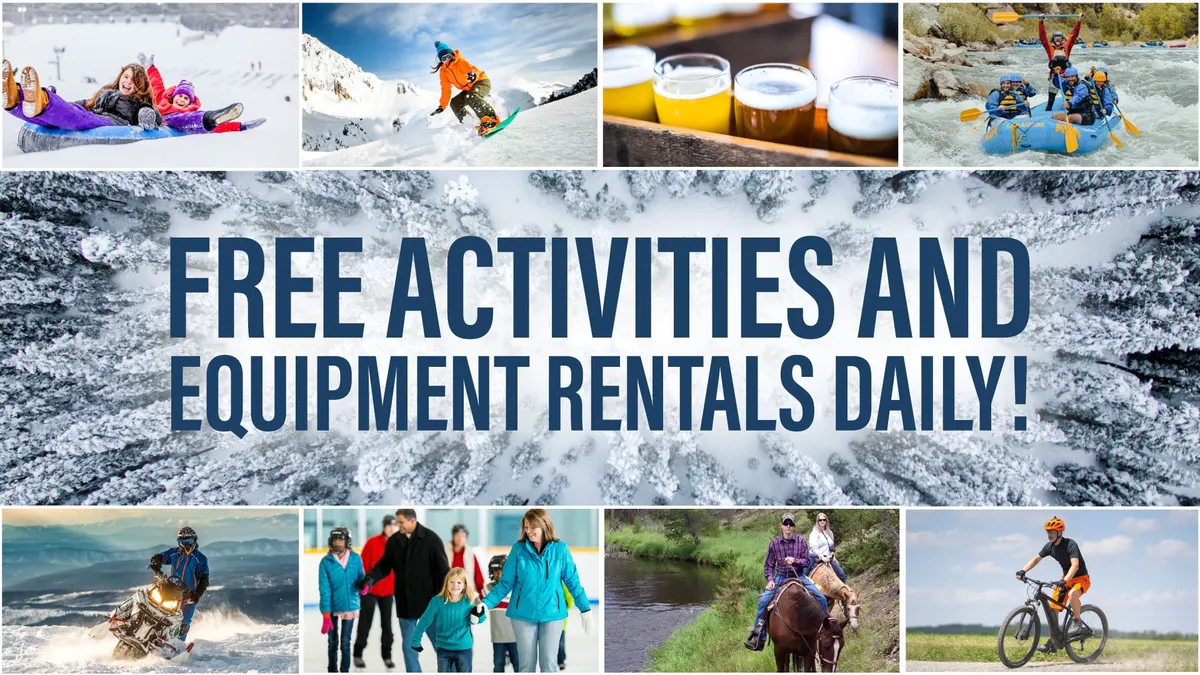 A vibrant collage-style image featuring people enjoying a variety of outdoor activities: skiing in snowy mountains, rafting on a river, biking, and sharing drinks with family and friends. The atmosphere is lively and adventurous, highlighting the joy of experiencing the outdoors in different seasons.