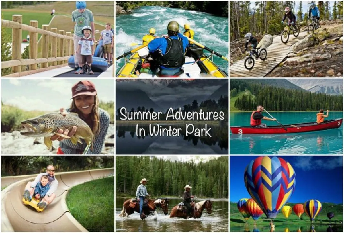 A vibrant collage-style view showcasing summer activities like white-water rafting, mountain biking, tubing, fishing, kayaking, horseback riding, and even a hot air balloon in the distance. Families and groups are seen actively enjoying each adventure in a scenic mountain environment.
