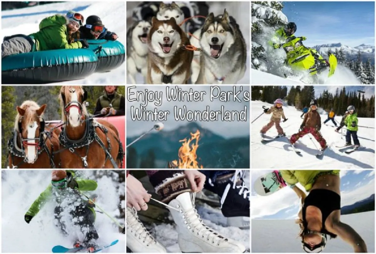 An energetic outdoor winter scene featuring people snowmobiling, children playing in the snow, sled dogs, horses, and groups gathered around a warming fire. The area is covered in fresh snow, with guests enjoying various winter sports and adventures.